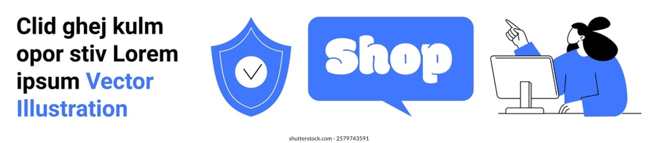 Online shop banner with a blue security shield, speech bubble with shop text, and person using a computer. Ideal for online shopping, e-commerce, retail, cybersecurity, and digital marketing themes
