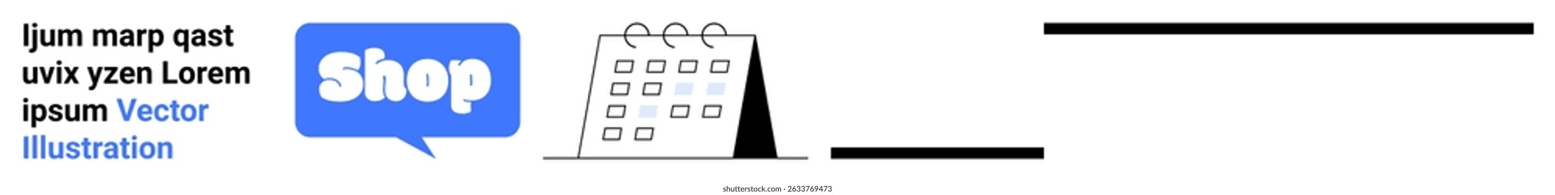 Online shop banner with blue speech bubble icon and text Shop and a calendar icon in black and white. Ideal for online stores e-commerce promotions sales events and marketing campaigns. Banner