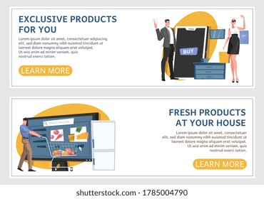 Online shop banner flat horizontal  banner set with exclusive products for you and fresh products at your home headlines vector illustration