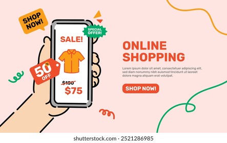 Online Shop Banner with Hand Holding Smartphone and Discount