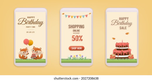 Online Shop Banners Discount 50% Jungle Animals Birthday Theme. Celebration Voucher Happy Birthday. Decorating With Cake And Fox Paper Cut, And Papercraft Style Vector Illustrator.	
