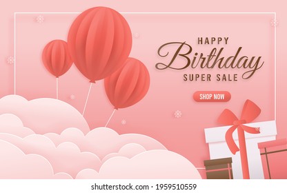 Online Shop Banners Discount Pink Color Birthday Theme. Celebration Voucher Happy Birthday. Decorating With Gift Box, Balloon. Paper Cut, And Papercraft Style Vector Illustrator.