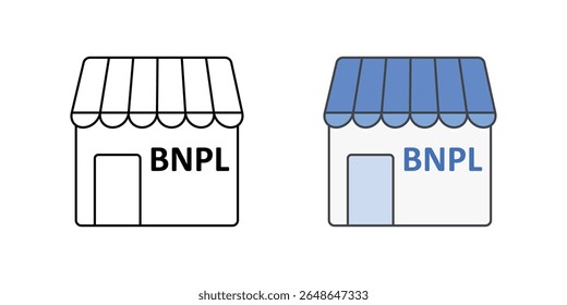 Faça compras on-line com o ícone da BNPL, que mostra a vitrine da loja e o crachá da BNPL, ideais para e-commerce, finanças digitais e compre agora plataformas pagas mais tarde.