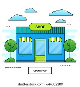 Online shop building storefront. Open shop. Tree and bushes with clouds. City store on color background. Filled color outline vector illustration. Trendy icon with linear color style.