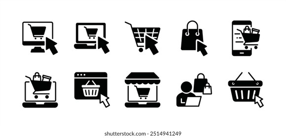 Online-Shop-Geschäft Icon-Set. Enthaltend Einkaufen, bestellen, kaufen, kaufen, kaufen, verkaufen, verkaufen, speichern, Markt für E-Commerce. Klicken Sie auf Tasche oder Warenkorb auf dem mobilen Gerät. Vektorgrafik