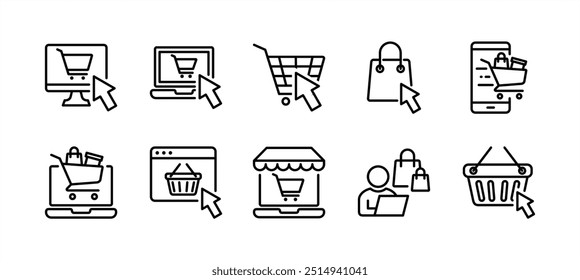 Online Shop Business Thin Line Icon Set. Enthaltend Einkaufen, bestellen, kaufen, kaufen, kaufen, verkaufen, verkaufen, speichern, Markt für E-Commerce. Klicken Sie auf Tasche oder Warenkorb auf dem mobilen Gerät. Vektorgrafik