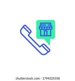 Online Shop Call Symbol Vektor, gefüllte flache Zeichen, E-Commerce Förderung Bicolor Piktogramm, grün und blau. Symbol, Logo-Illustration