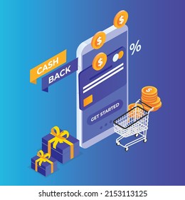 Online shop cash back promotion on mobile phone app isometric 3d vector illustration concept for banner, website, illustration, landing page, flyer, etc.