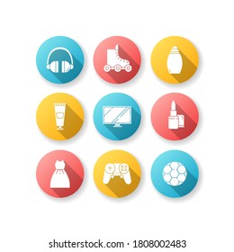 Online Shop Kategorien flaches Design lange Schatten-Symbole gesetzt. Elektronische Geräte. Moderne Technik. Digitale Bildschirme. Fernsehbildschirme. Kunst und Handwerk. Reparaturwerkzeug. Silhouette RGB Farbillustration