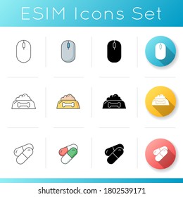 Online shop category icons set. Mouse for computer. Electric technology. Food for pet in bowl. Medication prescription. Linear, black and RGB color styles. Isolated vector illustrations