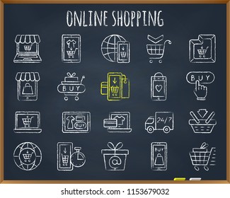 Online shop chalk icon set. Outline sign kit of e-commerce. Internet Buy linear icons of payment, delivery, global customer basket. Hand drawn simple web store symbol on blackboard vector Illustration