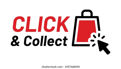Online shop click and collect icon vector illustration. Cursor clicking on shopping bag.