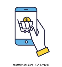 Online shop color icon. Hand holding smartphone. Buying and ordering products. Doing purchases in internet store. Online shopping, e commerce. Digital technology. Isolated vector illustration