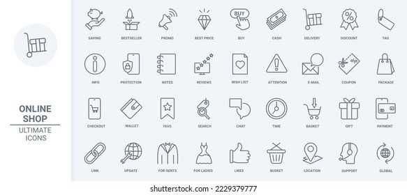 Online shop, commerce thin line icons set vector illustration. Outline coupon for gifts and discounts tag, money savings protection and support, piggy bank for payment, info search for wish list