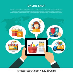 Online shop composition with man s hand tap on button in the tablet for purchase vector illustration