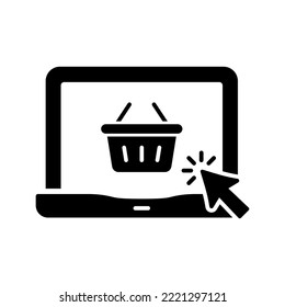 Online Shop in Computer Silhouette Black Icon. Laptop and Basket Ecommerce Concept Buy on Website Glyph Pictogram. Digital Market Service Shopping Cart in Device Icon. Isolated Vector Illustration.