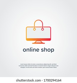 Online shop concept with computer incorporated in to the shopping bag. Abstract shop logo, design concept, emblem, icon, flat logotype element for template