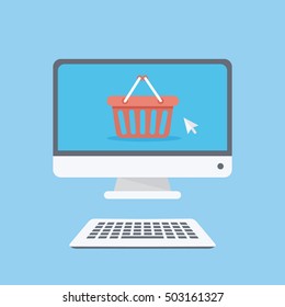 Online shop concept. E-commerce. Computer with basket icon and cursor on the screen.
