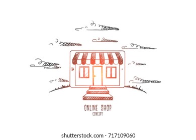 Online shop concept. Hand drawn shop on tablet screen. Online shopping with modern device isolated vector illustration.