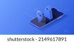 Online shop concept. Mobile store sales with shopping bag. Promotion isometric background. Vector illustration.