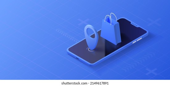 Online shop concept. Mobile store sales with shopping bag. Promotion isometric background. Vector illustration.