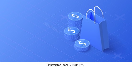 Online shop concept. Mobile store sales with shopping bag. Promotion isometric background. Vector illustration.