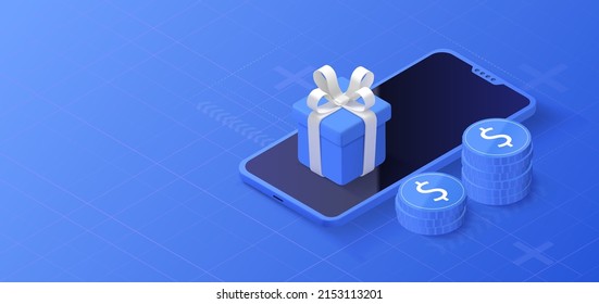 Online shop concept. Mobile store sales with shopping bag. Promotion isometric background. Vector illustration.