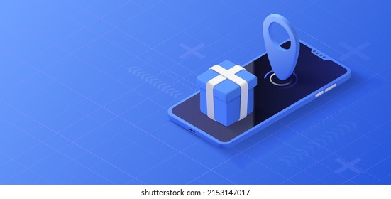 Online shop concept. Mobile store sales with shopping bag. Promotion isometric background. Vector illustration.