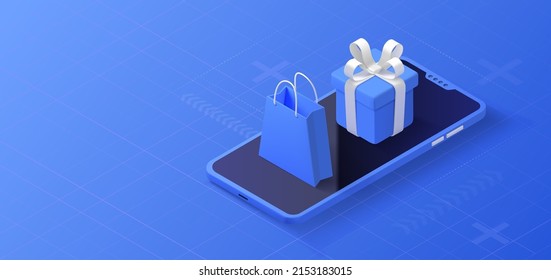 Online shop concept. Mobile store sales with shopping bag. Promotion isometric background. Vector illustration.