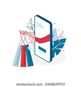 Online shop concept on an isolated white background. From the phone screen, a hand holding packages.