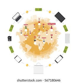 Online Shop. Concept on the sale of digital technology. World map and silhouette of the city in the white background. Flat vector illustration EPS 10