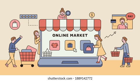 Online shop concept. There is an online store on a large laptop monitor and customers are gathering. flat design style minimal vector illustration.