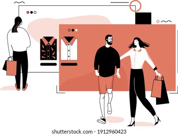 Ilustración vectorial concepto de tienda en línea en estilo de caricatura. Alegre mujer feliz y hombre disfrutando de compras remotas en la venta en línea bajo llave. Los jóvenes salen del navegador con bolsas de compras.