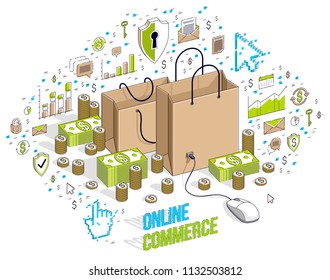 Online Shop concept, web store, internet sales, Shopping bag with pc mouse connected isolated on white. Isometric 3d vector finance illustration with icons, stats charts and design elements.