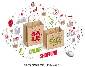 Online Shop concept, web store, internet sales, Shopping bag with pc mouse connected isolated on white. Isometric 3d vector finance illustration with icons, stats charts and design elements.