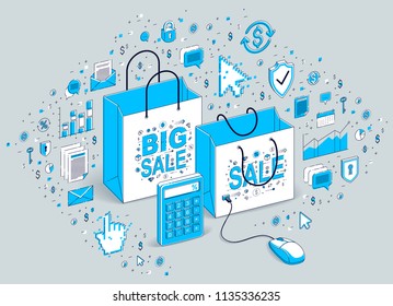 Online Shop concept, web store, internet sales, Shopping bag with pc mouse connected isolated on white. 3d vector business isometric illustration with icons, stats charts and design elements.