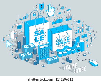 Online Shop concept, web store, internet sales, Shopping bag with pc mouse connected isolated on white. 3d vector business isometric illustration with icons, stats charts and design elements.