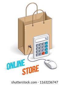 Online Shop concept, web store, internet sales, Shopping bag with pc mouse and calculator isolated on white background. Isometric vector business and finance illustration, 3d thin line design.