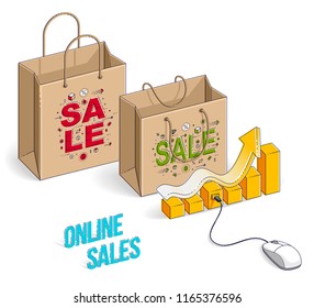 Online Shop concept, web store, internet sales, Shopping bag with pc mouse and growth chart isolated on white. Vector 3d isometric business and finance illustration, thin line design.
