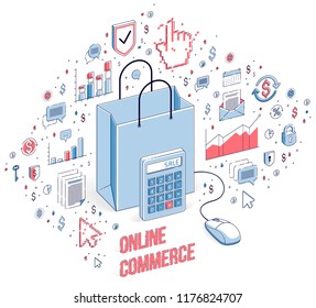 Online Shop concept, web store, internet sales, Shopping bag with pc mouse connected isolated on white. 3d vector business isometric illustration with icons, stats charts and design elements.