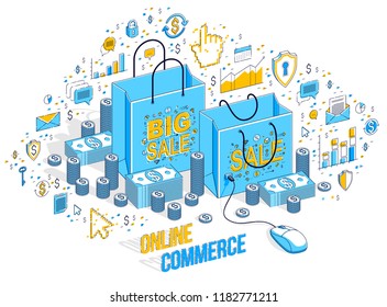 Online Shop concept, web store, internet sales, Shopping bag with pc mouse connected isolated on white. 3d vector business isometric illustration with icons, stats charts and design elements.