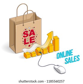 Online Shop concept, web store, internet sales, Shopping bag with pc mouse and growth chart isolated on white. Vector 3d isometric business and finance illustration, thin line design.