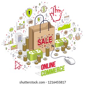 Online Shop concept, web store, internet sales, Shopping bag with pc mouse connected isolated on white. 3d vector business isometric illustration with icons, stats charts and design elements.