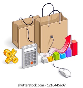 Online Shop concept, web store, internet sales, Shopping bag with pc mouse, calculator and growth chart isolated on white. Isometric vector business and finance illustration, 3d thin line design.