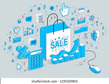 Online Shop Konzept, Web-Shop, Internetverkauf, Einkaufstasche mit PC-Maus einzeln auf Weiß verbunden. Isometrische 3D-Vektorgrafik mit Symbolen, Statistik-Diagrammen und Design-Elementen.