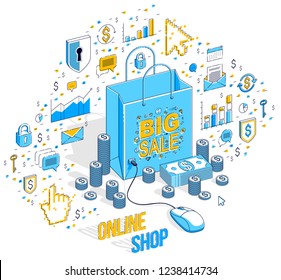 Online Shop concept, web store, internet sales, Shopping bag with pc mouse connected isolated on white. Isometric 3d vector finance illustration with icons, stats charts and design elements.