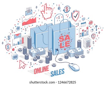 Online Shop concept, web store, internet sales, Shopping bag with pc mouse connected isolated on white. Isometric 3d vector finance illustration with icons, stats charts and design elements.