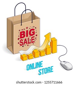 Online Shop concept, web store, internet sales, Shopping bag with pc mouse and growth chart isolated on white. Vector 3d isometric business and finance illustration, thin line design.