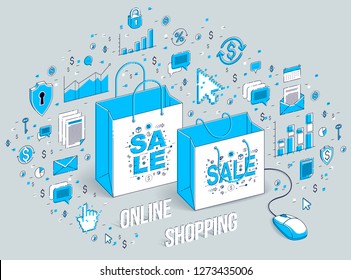 Online Shop concept, web store, internet sales, Shopping bag with pc mouse connected isolated on white. 3d vector business isometric illustration with icons, stats charts and design elements.