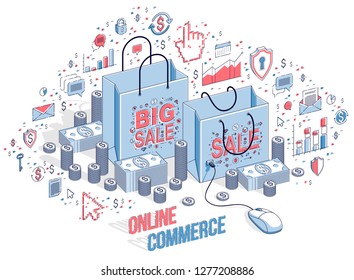 Online Shop concept, web store, internet sales, Shopping bag with pc mouse connected isolated on white. Isometric 3d vector finance illustration with icons, stats charts and design elements.